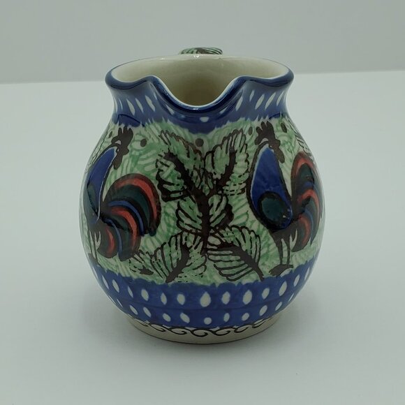 Polish Pottery Rooster Row Creamer Unikat Small Blue & Green Rooster Creamer - Picture 3 of 8